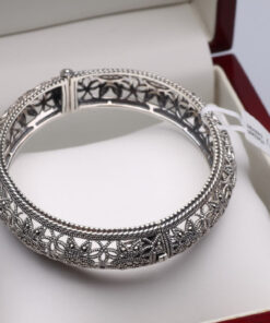 Srebrna ażurowa bransoletka typu bangle z markazytami - 18/19cm - BDM2867 - obrazek 5